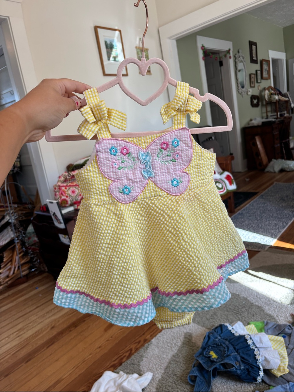 Yellow Gingham Baby Dress with Pink Butterfly